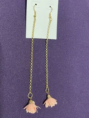 Delicate Pink Flower Drop Chain Earrings - Gold-Tone